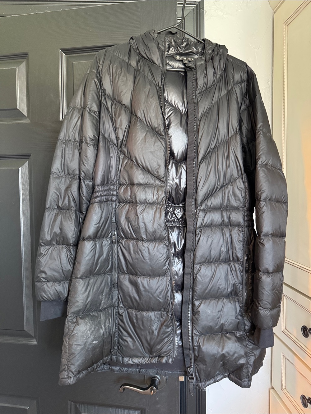 Athleta XL Black Hooded Packable Long Puffer Coat
